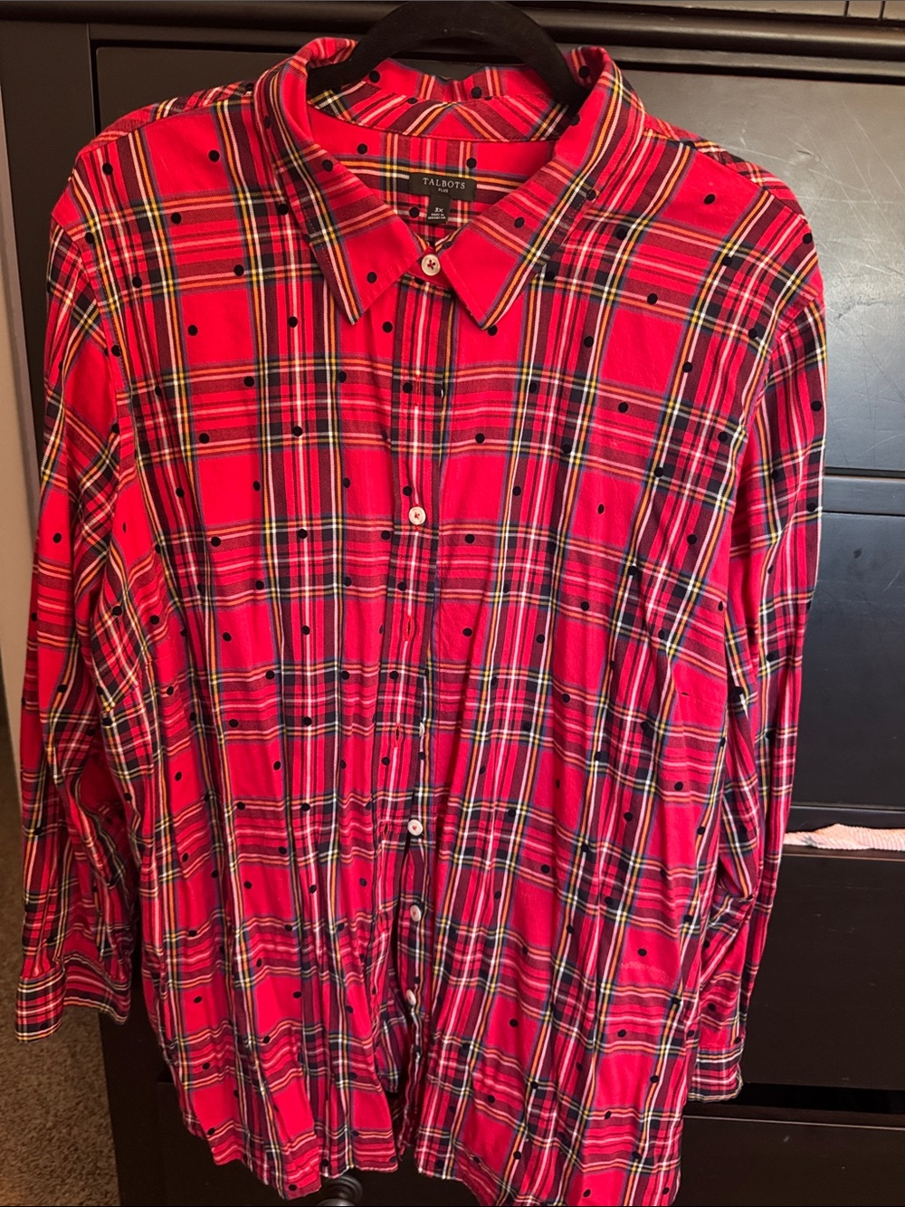 Talbots Red Plaid Button-Down Shirt with Black Dot Accents